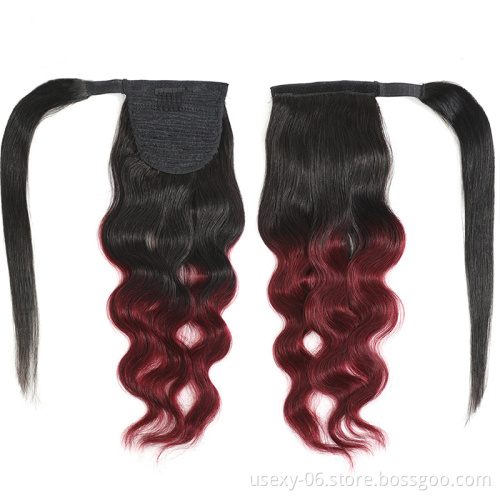 Fast Shipping Wrap Around Ponytail Human Hair Ombre Color 30 99J Body wave Virgin Brazilian Human Hair Ponytails